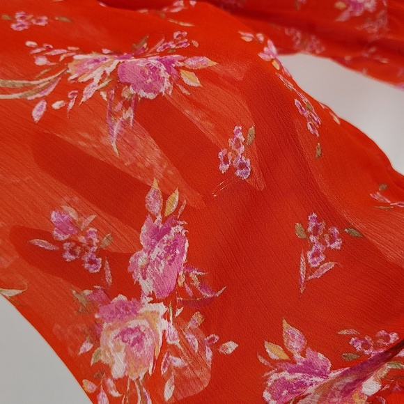 Vince Camuto Orange Floral Dress Size XL Sheer Long Sleeve Flowy V Neck Tiered - Picture 7 of 12